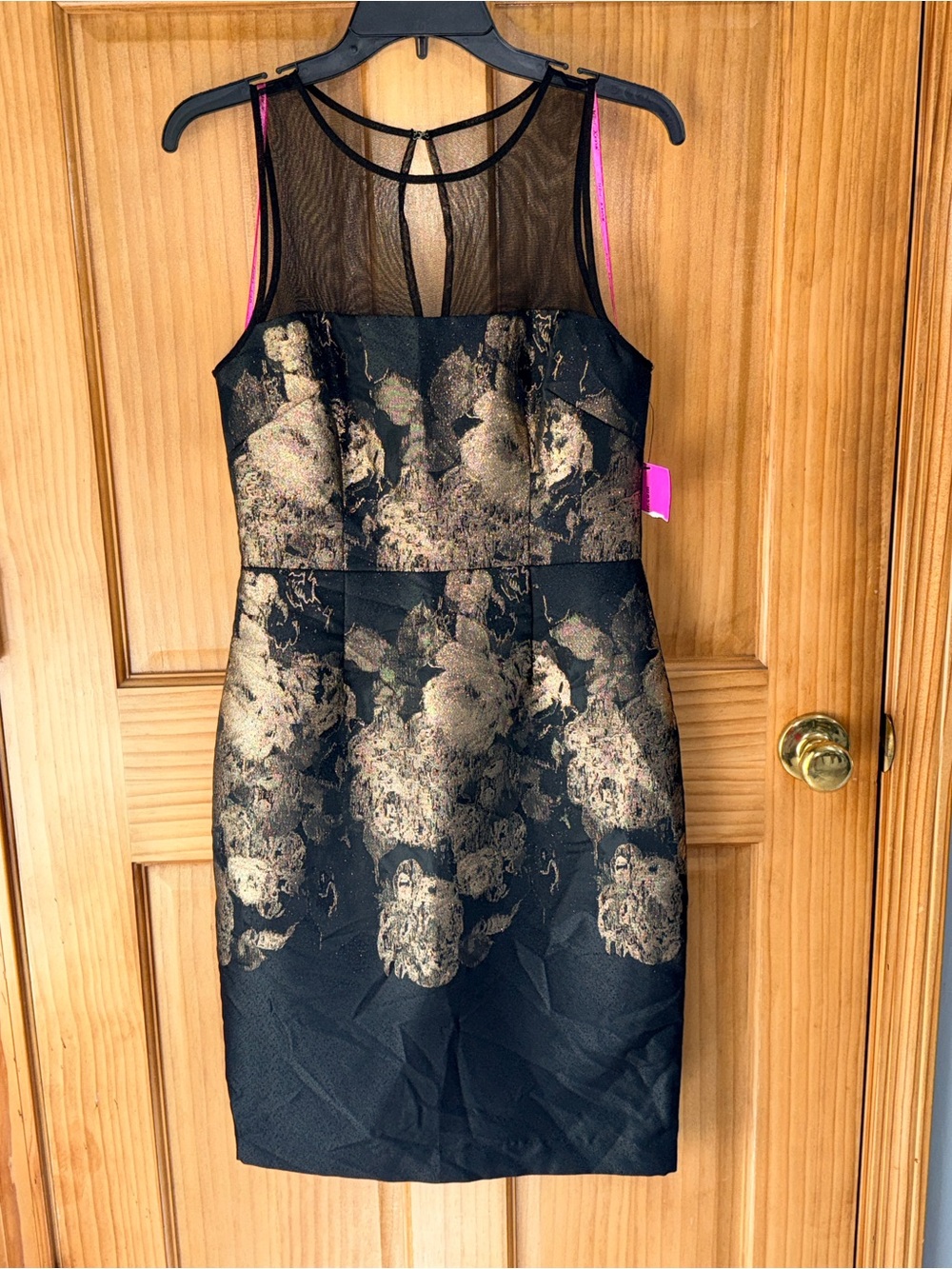 NWT Betsey Johnson Black Midi Dress w/Gold Floral Jacquard & Mesh Yoke-4 - Picture 3 of 14